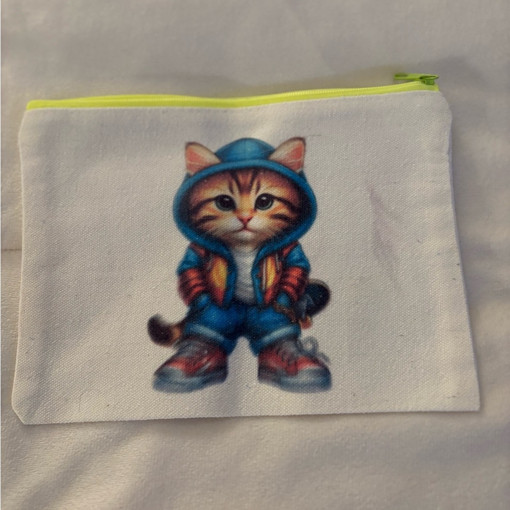 Cat Print Pouch with Yellow Zipper